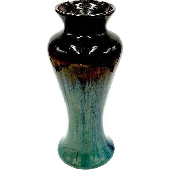 Vtg MCM Studio Pottery Drip Glaze Redware Vase Teal Blue Green Brown Core 14" - Picture 1 of 12
